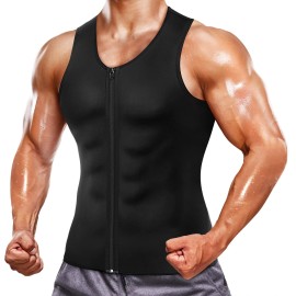 Wonderience Men Hot Neoprene Sauna Suit Waist Trainer Vest Corset Body Shaper Zipper Tank Top Workout Shirt((Black Without Belt,Large)