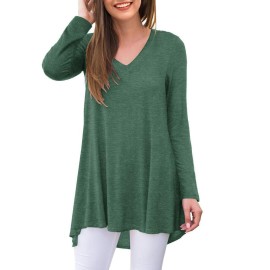 Awuliffan Womens Fall Long Sleeve V-Neck T-Shirt Tunic Tops Blouse Shirts (Variegated Green,Medium)