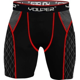 Youper Adult Elite Compression Padded Sliding Shorts W/Cup Pocket For Baseball, Football (Black Red, Xx-Large)