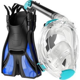 Cozia Design Snorkel Set Adult - Full Face Snorkel Mask And Adjustable Swim Fins, 180A Panoramic View Scuba Mask, Anti Fog And Anti Leak Snorkeling Gear (Light Green, Smallmedium)