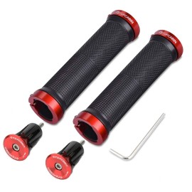Topcabin Bicycle Grips,Double Lock On Locking Bicycle Handlebar Grips Rubber Comfortable Bike Grips For Bicycle Mountain Bmx ((Aluminum Lock Plug) Red 1 Pair)