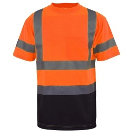 Lm Hi Vis Class 3 T Shirt Reflective Safety Lime Orange Short Long Sleeve High Visibility, Black Bottom (Orange, Small)