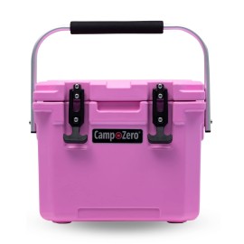 Camp-Zero 10 10.6 Qt. Cooler With 2 Molded-In Cup Holders & Folding Aluminum Handle Thick Walled, Freezer Grade Cooler With Secure Locking System & Tie Down Channels (Pink)