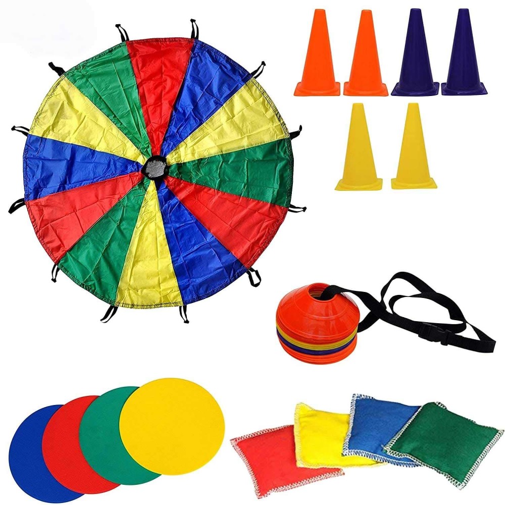 Gsi Physical Education Small Kit Combo (Mini Saucer Cone - Set Of 40, Bean Bags - 12, Marker Cones 6Inch - 12, Spot Markers - 12, Play Parachute 12Ft)