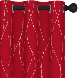Deconovo Red Blackout Curtains Grommet Drapes, 36 Inch Long - Wave Line With Dots Printed, Window Curtain Panels For Bedroom (38 X 36 Inch, Red, 2 Panels)