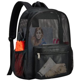 Uspeclare Heavy Duty Semi-Transparent Mesh Backpack, See Through College Student Backpack, Mesh Bookbag For Beach, Camping, Sports (Black)