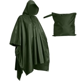 Heavy Duty Rain Poncho For Backpacking, Waterproof Lightweight For Adults, Military, Emergency, Camping, Men, Women (Adult-Green)