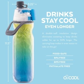 O2COOL Mist 'N Sip Misting Water Bottle 2-in-1 Mist And Sip Function With No Leak Pull Top Spout (Blue Ombre)