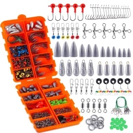 Topfort 230Pcs Fishing Accessories Kit, Including Fishing Bait Rig, Jig Hooks, Bullet Bass Casting Sinker Weights, Fishing Swivels Snaps, Sinker Slides, Fishing Set With Tackle Box