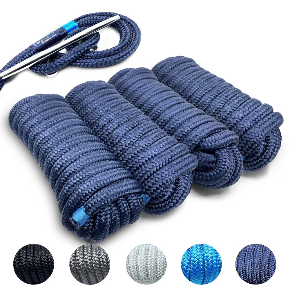 Wavesrx 3/8 X 15 (4Pk) Premium Dock Lines For Boat & Pontoon Double Braided Nylon Boat Ropes For Docking With Loop Marine Dock Lines Uv & Saltwater Resistant Boat Dock Line Boat Mooring Rope