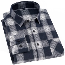 Dokkia Mens Casual Dress Long Sleeve Buffalo Plaid Checkered Fitted Flannel Shirt (Large, Grey Black White)