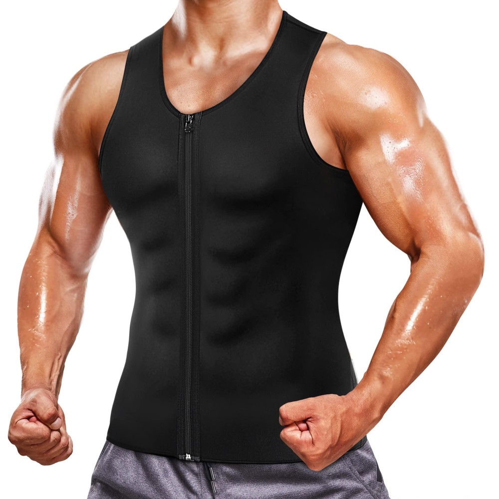 Wonderience Men Hot Neoprene Sauna Suit Waist Trainer Vest Corset Body Shaper Zipper Tank Top Workout Shirt((Black Without Belt,3X-Large)