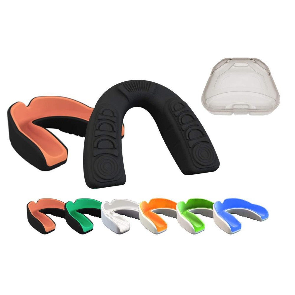 Coollo Sports Boil And Bite Mouth Guard (Youth Adult) Da Custom Fit Sport Mouthpiece For Football, Hockey, Rugby, Lacrosse, Boxing, Mma (Free Case Included) (Pumpkin Orang Black, Ages 11 Above)
