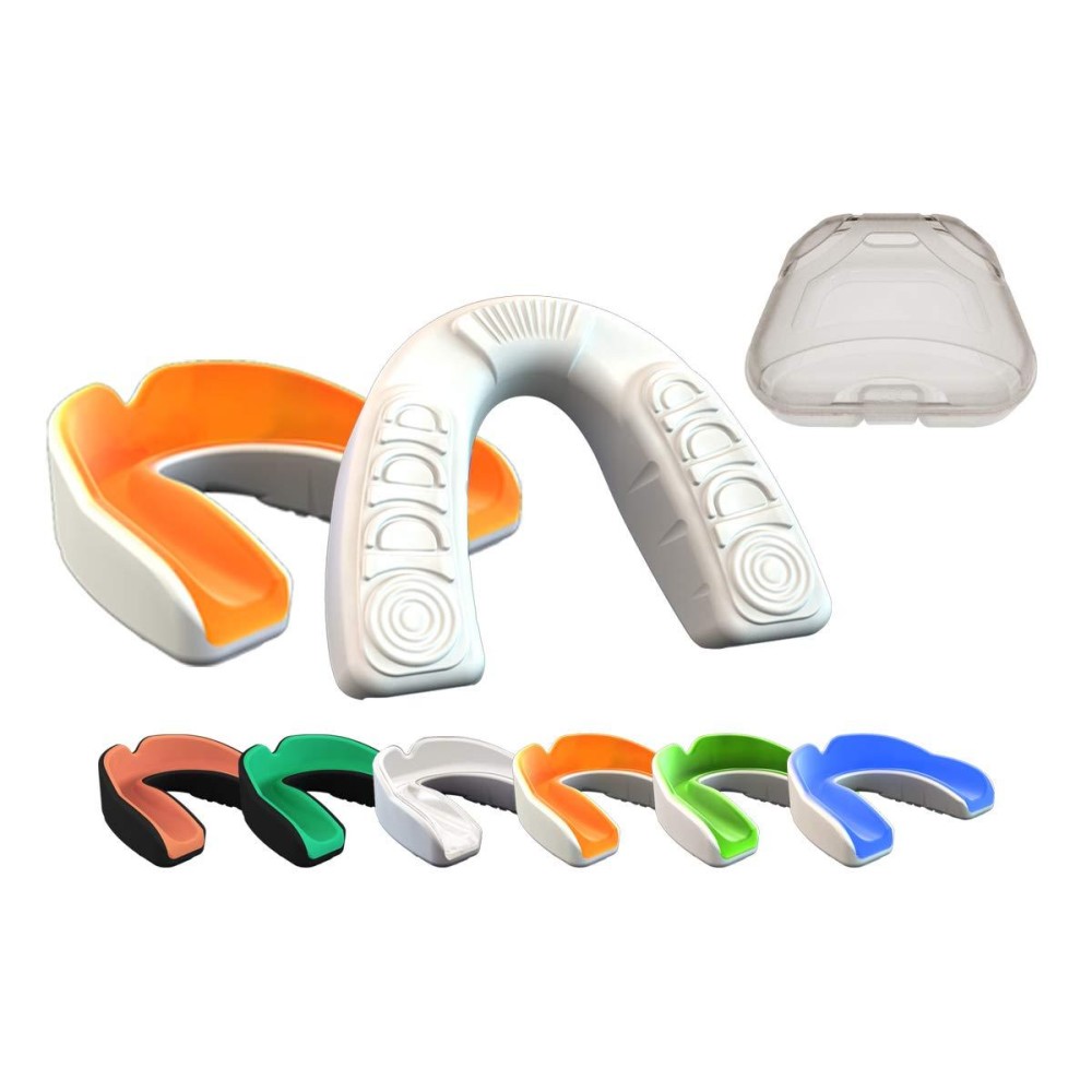 Coollo Sports Boil And Bite Mouth Guard (Youth Adult) Da Custom Fit Sport Mouthpiece For Football, Hockey, Rugby, Lacrosse, Boxing, Mma (Free Case Included) (Orange White, Ages 11 Above)