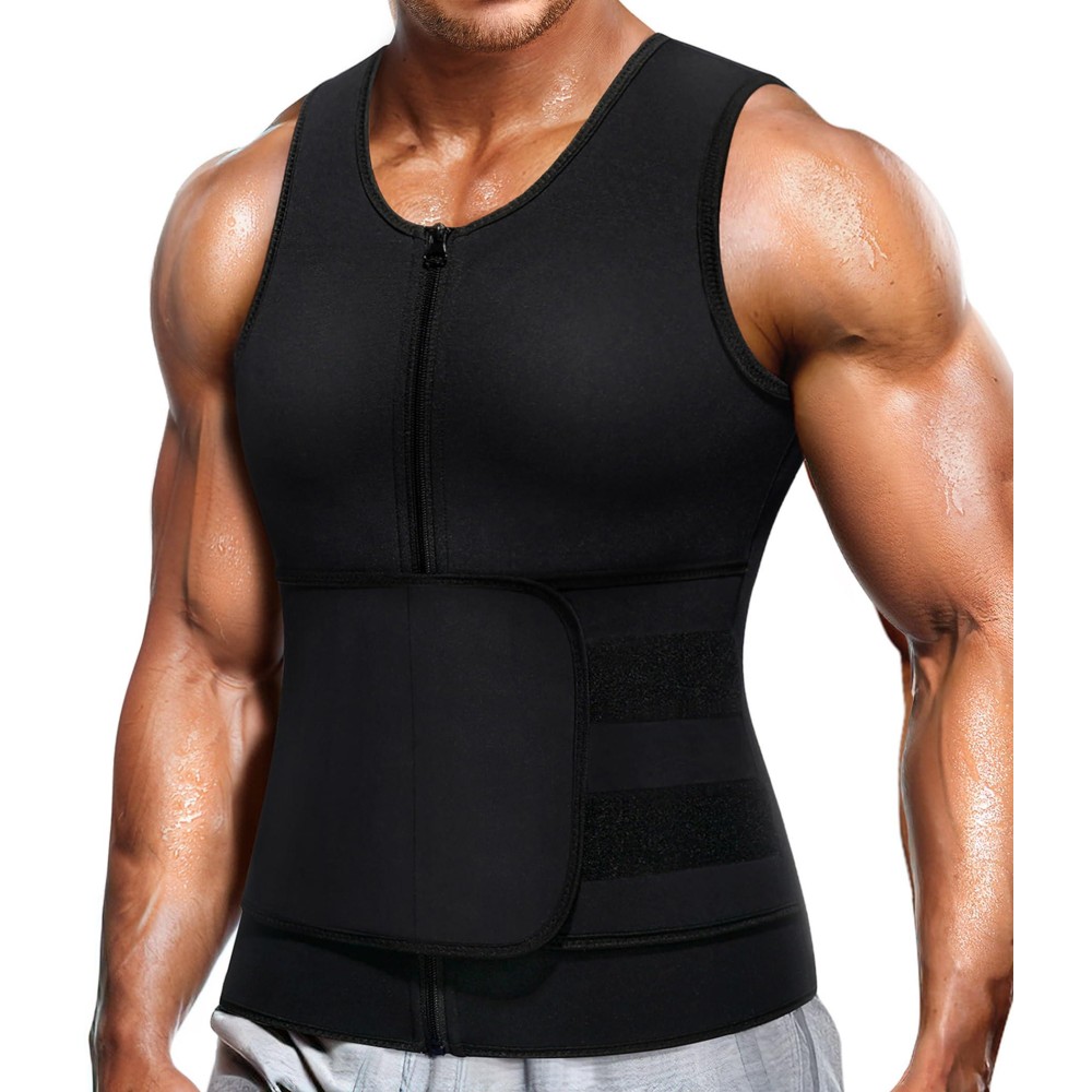 Wonderience Neoprene Sauna Suit For Men Waist Trainer Vest Zipper Body Shaper With Adjustable Belt Tank Top (Black, 2X-Large)