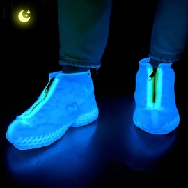 Silicone Shoe Cover Waterproof, Reusable Boot Shoes Covers With Zipper,Non Slip Rain Snow Bowling Overshoe Rubber Protectors For Men Women Kids Protection Galoshes Glow In Dark-1 Pair-Glow Blue,Xl