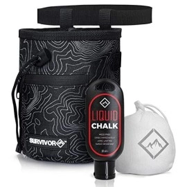 Survivor Chalk Bag + Refillable Chalk Ball + Liquid Chalk - Black Chalk Bag For Rock Climbing With Hand Chalk - Rock Climbing Chalk Bag For Bouldering, Weightlifting, & More - Rock Climbing Gear