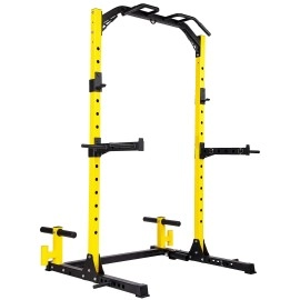 HULKFIT Pro Series Multi-Function Adjustable Weightlifting Squat Stand Rack - J Hooks, Spotter Arms, Pull Up Bar, Landmine, Weight Plate Barbell Holders, and Resistance Band Rings - Yellow
