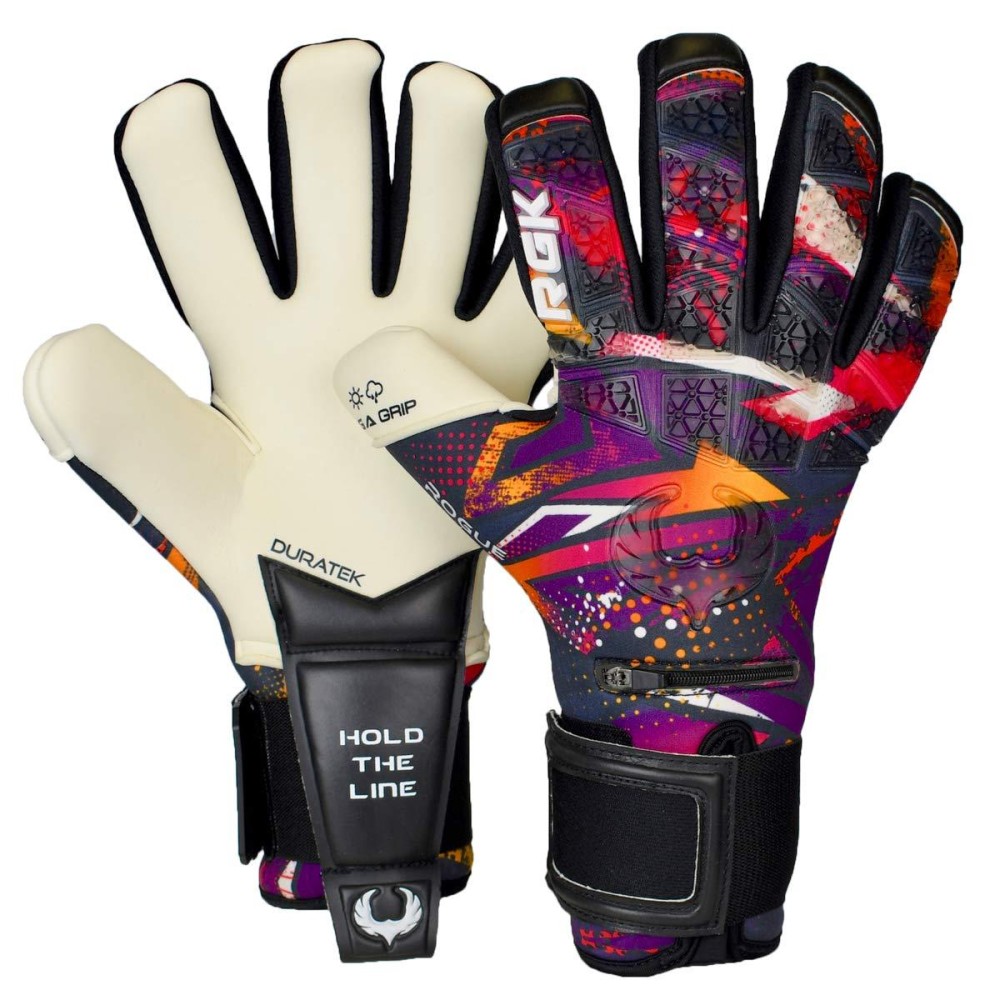 Renegade Gk Limited Edition Rogue Slash Goalie Gloves With Pro-Tek Fingersaves 4Mm Giga Grip Neoprene Black, Purple, Gold Soccer Goalkeeper Gloves (Size 9, Youth-Adult, Neg Cut, Level 4)