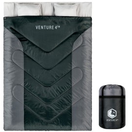 Venture 4Th Double 3-Season Sleeping Bag, Queen Size - Lightweight, Comfortable, Water Resistant, Backpacking Sleeping Bag For Couples - Ideal For Hiking, Camping & Outdoor - Black/Silver