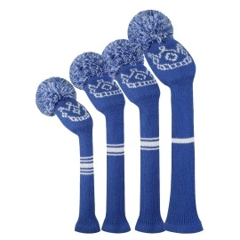 Scott Edward Knit Golf Head Covers 4 Pieces Pack Fit Over Well Driver Wood(460Cc) Fairway Wood2 And Hybrid(Ut) With Rotating Number Tags (Navy Blue Crown)