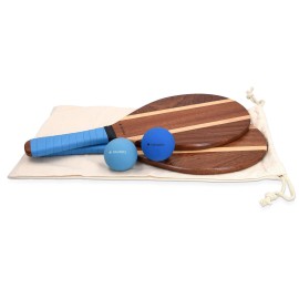 Navaris Wooden Beach Rackets Set - Includes 2 Wooden Paddles And 2 Balls - Varnished Outdoor Wood Paddle Bat Ball Game For Park Or Garden - Blue