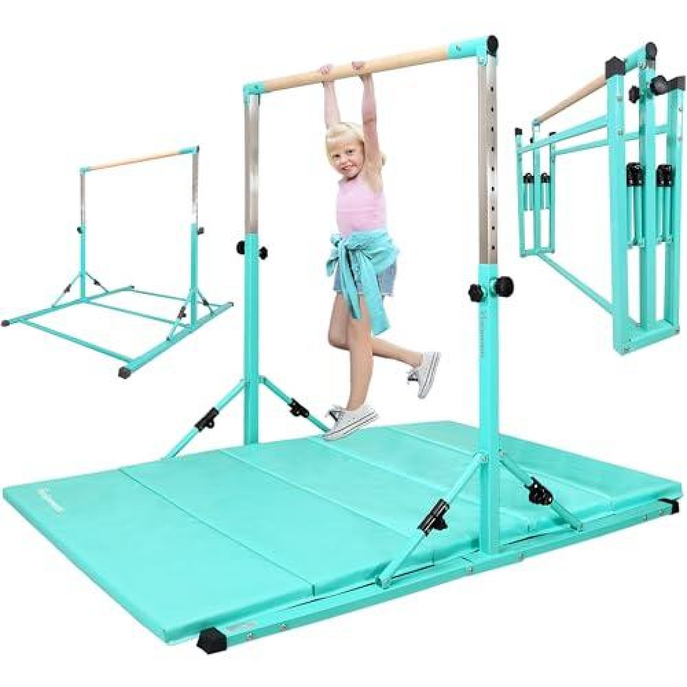 Pregymnastic Updated Gymnastic Bar, 6Ft Portable Gymnastics Bar, Safe Gymnastics Training Bar For Kids And Teenagers 3-18, Weight Limit 500 Lbs, Adjustable 3'-5' Gymnastics Kip Bar (Teal-Mat)