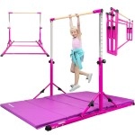 Pregymnastic Updated Gymnastic Bar, 6Ft Portable Gymnastics Bar, Safe Gymnastics Training Bar For Kids And Teenagers 3-18, Weight Limit 500 Lbs, Adjustable 3'-5' Gymnastics Kip Bar (Purple-Mat)