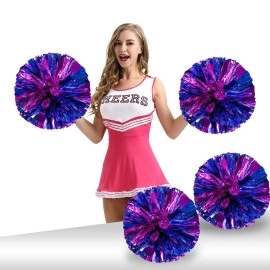 Pack of 4 Cheerleading Pom Poms Foil Plastic Metallic Cheerleader Pom Poms for Cheer Sport Kids Adults Team Spirit Cheering (Rose Red/Blue)
