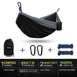 Kootek Camping Hammock Double & Single Portable Hammocks With 2 Hanging Ropes, Lightweight Nylon Parachute Hammocks For Backpacking, Travel, Beach, Backyard, Hiking (Black & Grey, Large)