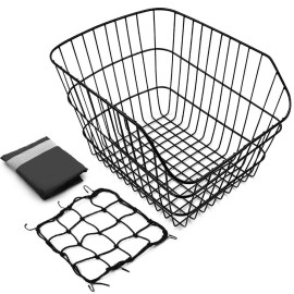 Hoobbii Rear Bike Basket, Waterproof Metal Wire Bicycle Basket With Adjustable Cargo Net And Waterproof Bike Basket Liner, Suitable For Most Rear Bike Racks.