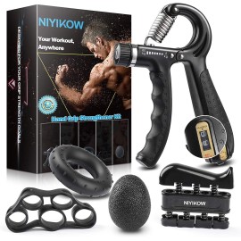 NIYIKOW Grip Strength Trainer Kit (5 Pack), Counting Grip Strength, Adjustable Hand Grip Strengthener, Finger Trainer, Finger Stretcher, Grip Ring & Stress Relief Grip Ball with Carry Bag - Black