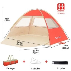 Gorich Beach Tent, Beach Shade Tent for 3 Person with UPF 50+ UV Protection, Portable Beach Tent Sun Shelter Canopy, Lightweight & Easy Setup Cabana Beach Tent, Orange