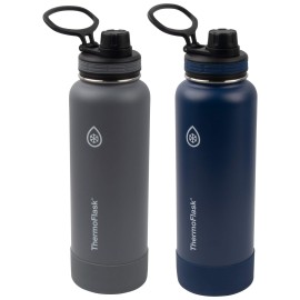 Thermoflask Double Wall Vacuum Insulated Stainless Steel Water Bottle, 40 Ounce, 2-Pack, Midnight Blue / Stone