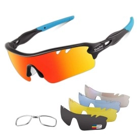 Polarized Sports Sunglasses Cycling Sun Glasses For Men Women With 5 Interchangeable Lenes For Running Baseball Golf Driving (Blackblue)