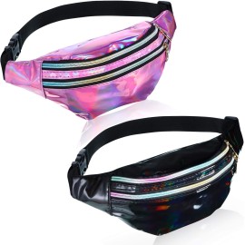 2 Pieces Holographic Fanny Pack Metallic Color Sport Waistbag For Women Men Kids (Shiny Black And Pink)
