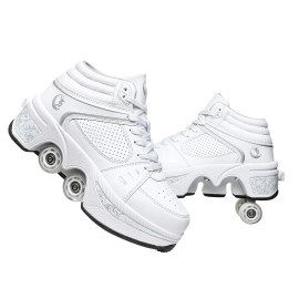 Double-Row Deform Wheel Automatic Walking Shoes Invisible Deformation Roller Skate 2 In 1 Removable Pulley Skates Skating Parkour (White High, Us 105)