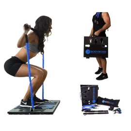 Bodyboss Home Gym 20 - Full Portable Gym Home Workout Package + 1 Set Of Resistance Bands - Collapsible Resistance Bar, Handles - Full Body Workouts For Home, Travel Or Outside - Blue