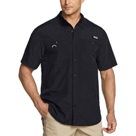 Tsla Mens Performance Fishing Shirt, Upf 50 Breathable Button Down Shirts, Outdoor Recreation Short Sleeve Shirt, Short Sleeve Fishing Shirts Black, X-Large
