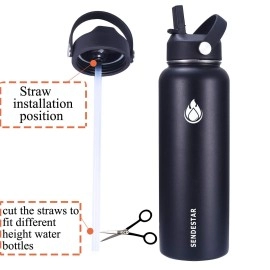 Sendestar Straw Lid For Hydro Flask Wide Mouth Sports Water Bottle With 2 Straws And 1 Brush (Black-Silicone Nozzle(1 Pack))