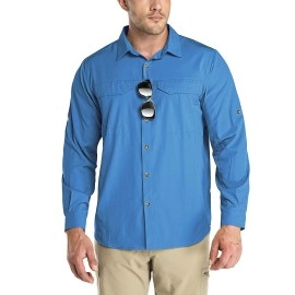 Outdoor Ventures Mens Upf 50 Uv Sun Protection Spf Hiking Shirt Long Sleeve Lightweight Quick Dry For Safari Travel Fishing Sea Blue
