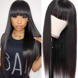 Lzlefho Silky Brazilian Virgin Straight Human Hair Wigs With Bangs 130 Density None Lace Front Wigs Glueless Machine Made Wigs For Black Women Natural Color (26Inch)