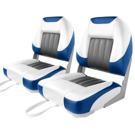 Xgear Deluxe Low Back Boat Seat, Fold-Down Fishing Boat Seat (2 Seats) (White/Grey/Blue)