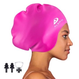 Alepo Extra Large Swim Cap For Women Men, Durable Silicone Swimming Hat With Ear Protection, Unisex Adults Bath Swimming Caps For Long Thick Curly Hair & Dreadlocks Braids Weaves Afro Hair (Rose Red)