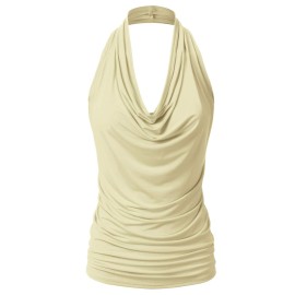 Eimin Womens Casual Halter Neck Draped Front Sexy Backless Tank Top Cream 1Xl