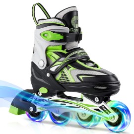 Gonex Inline Skates For Girls Boys Kids, Adjustable Skates Outdoor Blades Inline Roller Skates For Children Teens Women With Light Up Wheels For Indoor Outdoor Backyard Skating, Green L