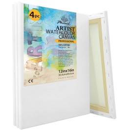 Phoenix Watercolor Stretched Canvases, 12X16 Inch4 Pack - 8 Oz, 34 Inch Profile, 100% Cotton Triple Primed White Blank Canvases For Watercolor, Acrylic, Gouache, Tempera, Crafts & Pouring Art