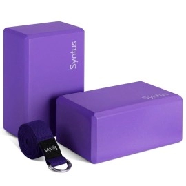 Syntus Yoga Block And Yoga Strap Set, 2 Eva Foam Soft Non-Slip Yoga Blocks 964 Inches, 8Ft Metal D-Ring Strap For Yoga, General Fitness, Pilates, Stretching And Toning, Purple