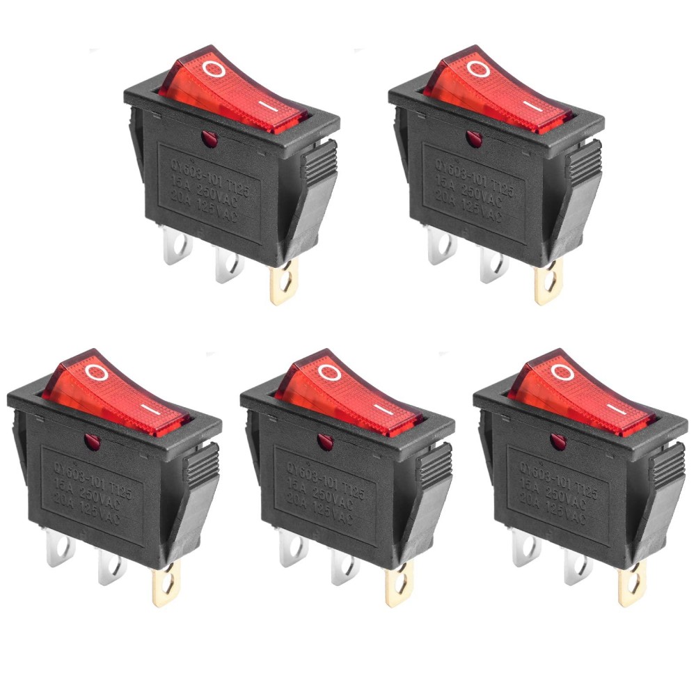 5Pcs AC 250V/16A, 125V/20A Red Light Illuminated LED On/Off SPST 3 Pin 2 Position Mini Boat Rocker Toggle Switch Snap for Car Boat by QTEATAK