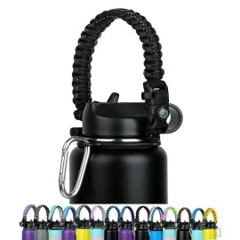 Paracord Handle - Fits Wide Mouth Bottles 12Oz To 64Oz Durable Carrier, Carrier Strap Cord With Safety Ring,Compass And Carabiner Ideal Water Bottle (Black)